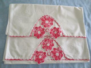 Vintage White Cotton Pillowcases Pink Hand Crocheted