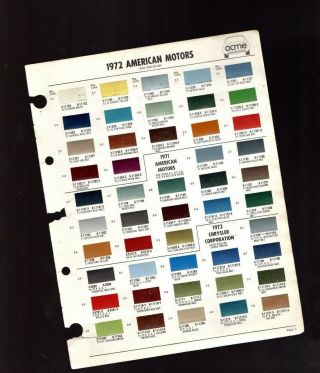 Vintage 1971 / 1972 Amc American Motors Color Chip Paint Sample Brochure / Chart
