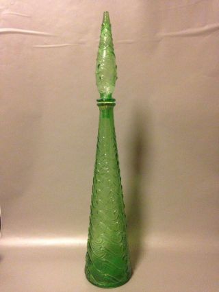 Mid Century Empoli Genie Bottle Green Conical Vintage Glass Embossed