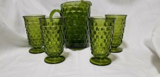 Vintage Fostoria Indiana Whitehall Colony Cubist Green Glass Pitcher & 4 Glasses