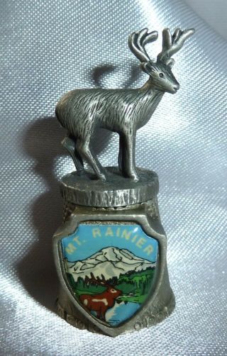 Vintage 1979 Souvenir Collectible Pewter (?) Thimble - Mt Rainier W/elk Topper