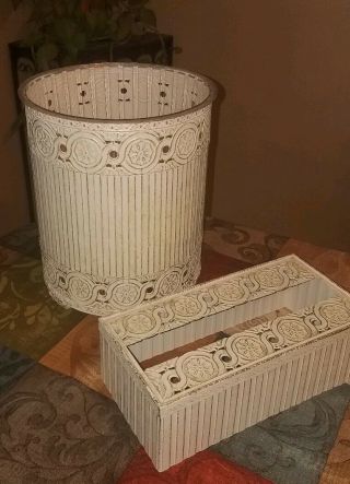 Vintage Tole Antique White Wastebasket & Tissue Box Rare Chic Shabby Stunning