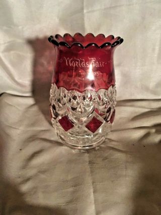 Vtg.  1893 Worlds Fair Ruby Red Cut Glass Vase 6 " Tall