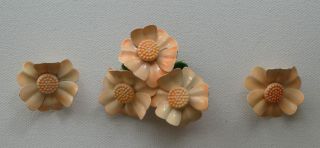 Peach Enamel Metal Flowers Brooch Pin And Earrings Vintage Retro