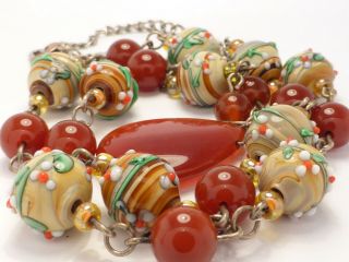 Fine Vintage Carnelian & Floral Art Glass Bead Necklace 25 " 61.  6g