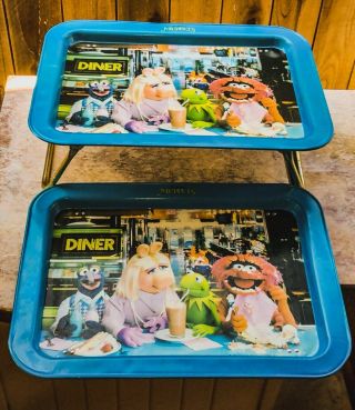 Pair Vintage Muppets Folding Tv Trays Set Of 2 Euc Nostalgia Hard To Find & Rare