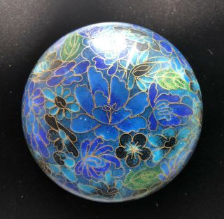 Vintage Chinese Cloisonne Trinket Box Flowers Blues And Greens 3 - 1/8” Diameter