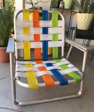 Vintage Low Aluminum Folding Beach Chair Webbed Lawn Multi Color 70 