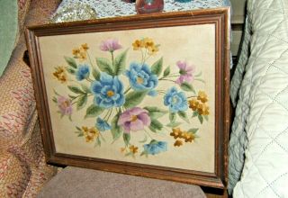 Framed Vintage Floral Wool Crewel Work Just Gorgeous I Can Ship W/without Fram