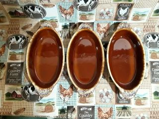 Set Of 3 Vintage Hull Oven - Proof Brown Drip Oval Baking / Serving Dishes