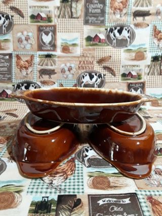 Set of 3 Vintage Hull Oven - proof Brown Drip Oval Baking / Serving Dishes 7