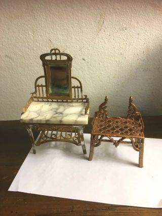Antique Filigree Metal Dressing Tables.  One With Marble.