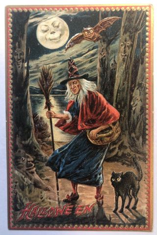 Tuck Witch And Cat Halloween Vintage Postcard