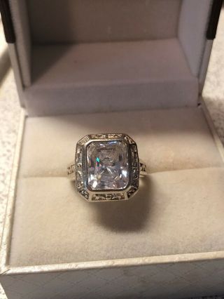Vintage Large Square Cut Cubic Zirconia Solitaire With Decorative Band Size 7.  75