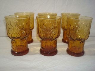 Set Of 6 Vintage Libbey Country Garden Daisy Flower Amber 6 Oz Juice Glasses