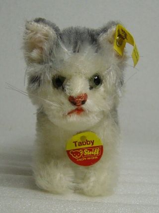Lovely Vintage Steiff Mohair Tabby Cat With Button And All Tags