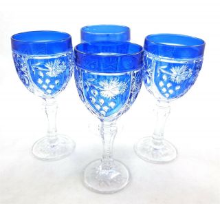 Vintage Set Of 4 Cobalt Blue Cut To Clear Glass Heavy Wine Goblets Glasses