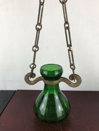 Vintage Green Glass Vase With Metal Holder