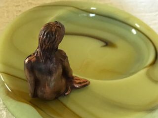 Vintage Risque Nude Painted Metal Mermaid On Irving Florian Slag Glass Ashtray