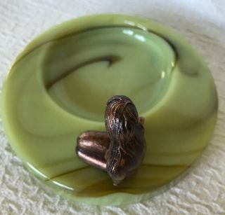 Vintage Risque Nude Painted Metal Mermaid On Irving Florian Slag Glass Ashtray 2