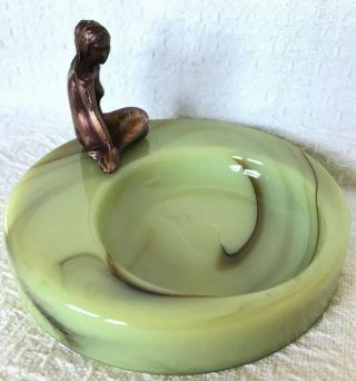Vintage Risque Nude Painted Metal Mermaid On Irving Florian Slag Glass Ashtray 3