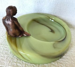 Vintage Risque Nude Painted Metal Mermaid On Irving Florian Slag Glass Ashtray 4