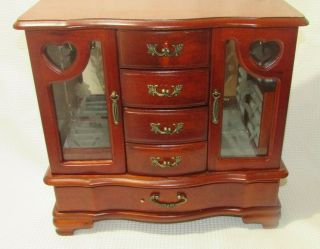 Vintage Wooden Etched Glass Jewelry Box Necklaces Ring & Bracelet Organizer