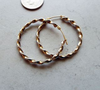 Vintage 14k Two Tone White &yellow Gold Twisted 1.  25 Inch Hoop Earrings