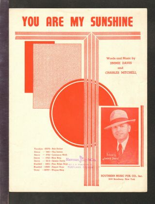 You Are My Sunshine 1941 Gov Jimmie Davis Country Cowboy Vintage Sheet Music