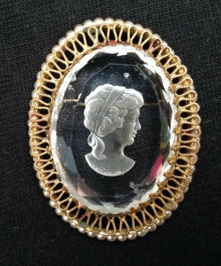 Vintage Glass Cameo Brooch Surrounded By Golden Metal And Seed Pearl Frame