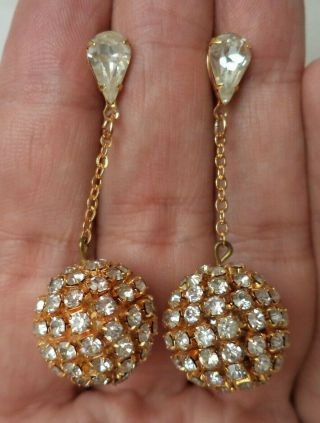 Stunning Vintage Estate Gold Tone Rhinestone Ball 1 3/4 " Post Earrings 2430h