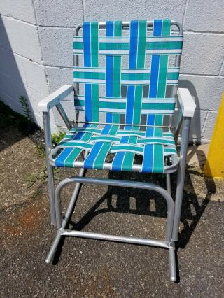 Vintage Folding Aluminum Chair Webbed Patio Rocking Chair Blue & White & Green