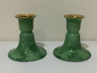 Vintage Green Gold Pickard Germany Porcelain Set Of 2 Candle Holders Taper