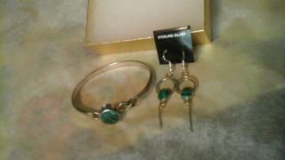 Vtg.  Sterling,  Mexican Cuff Bracelet& Earrings W/green Malachite Stone,