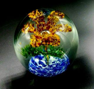 Vintage Hand Blown Red And Orange Floral Flower Art Glass Paperweight 3 5/8 "
