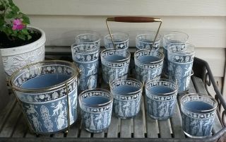 Vtg 15pcs Jeanette Corinthian Blue White Roman Glasses Ice Bucket W Caddy
