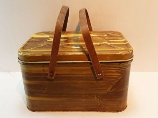 Vintage Large Metal Lunch Box Picnic Basket W/ Wooden Handles Brown Wood Grain