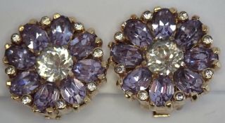Vintage Mazer Gold Plate Alexandrite Crystal Rhinestone Flower Earrings