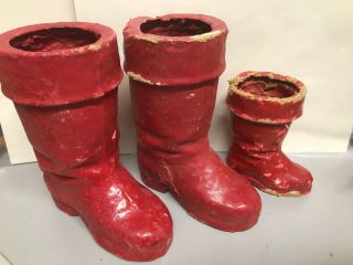 3 VINTAGE 4 - 6” Red SANTA CLAUS BOOTs Paper Mache Christmas Candy containers 2