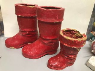 3 VINTAGE 4 - 6” Red SANTA CLAUS BOOTs Paper Mache Christmas Candy containers 3