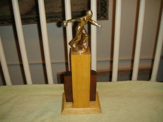 Vintage Bowling Trophy - Large Wood Base W/metal Male Bowler On Top - Lovely Trophy