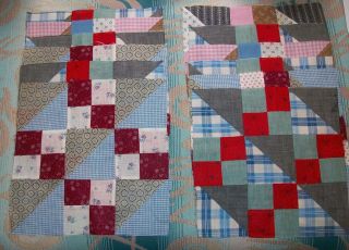 12 Vintage Antique Old Cotton Fabric Hand - Stitched Quilt Squares Blocks