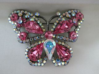 Vintage Signed Butler & Wilson Pink Ab Crystal Glass Butterfly Insect Brooch Pin