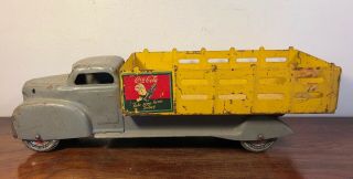 Vintage Marx Coca Cola Stake Truck Pressed Steel Sprite Boy Grey Yellow 20”