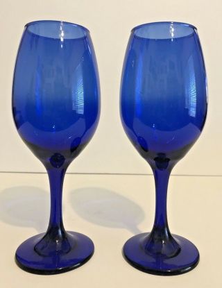 Vintage Set Of 2 Cobalt Blue Wine Glasses 8 " Tall