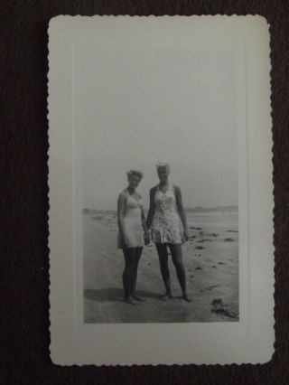 Two Women In One Piece Bathing Suits Holding Hands Vtg 1940 