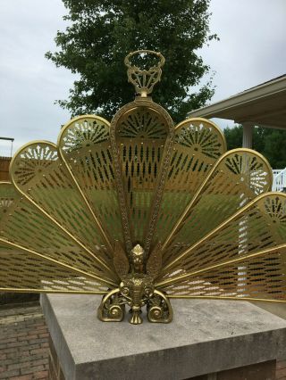 Vtg Brass Ornate Peacock Fan Style Fireplace Folding Screen Art Deco W/handle