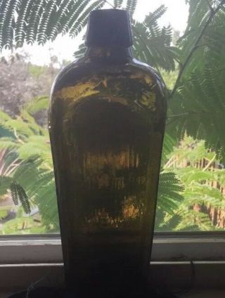 Vintage Hand Made Olive Green Glass Case Gin Bottle May Be Antique? 9.  5”