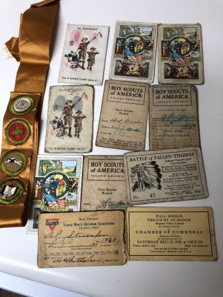 Vintage Boy Scout Sash W 4 Merit Patches 1920’s 30’s And Membership Cards Bsa