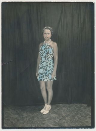 Young Stylish Woman In Blue Summer Dress Vtg Hand Color Tinted Photobooth Photo